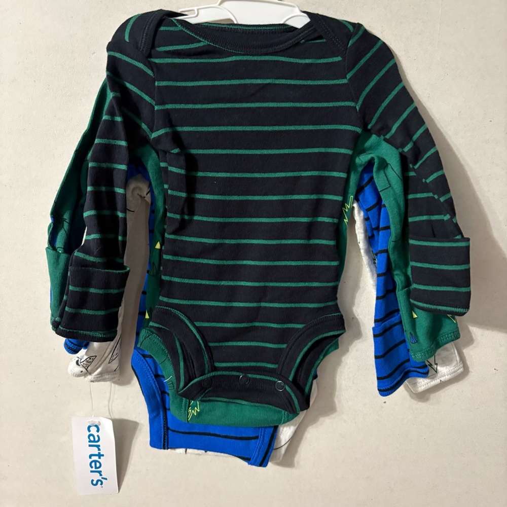 NWT Carter's Newborn 4 Piece Gray/Blue/Green Animal/Stripe Print Bodysuits - Picture 2 of 8